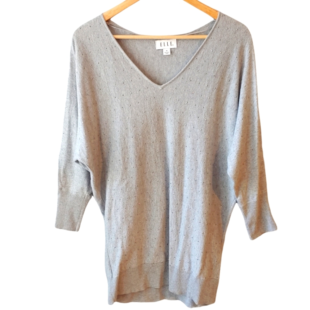 Elle Grey V-neck 3/4 Sleeve Studded Sweater Size Medium